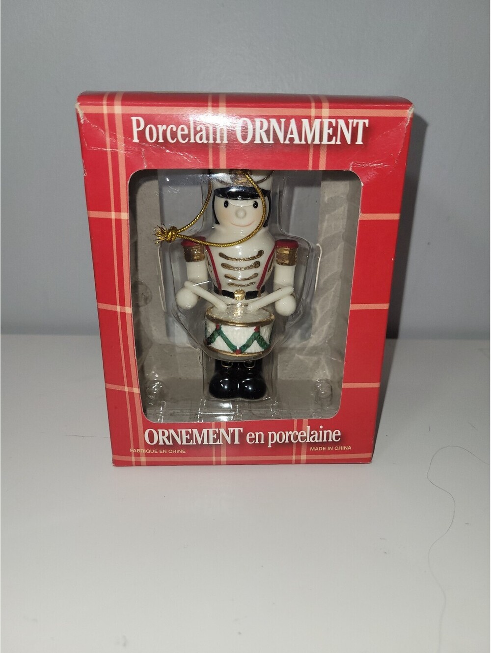Porcelain Nutcracker Christmas Ornament Gold Detail Drum Original Box Holiday